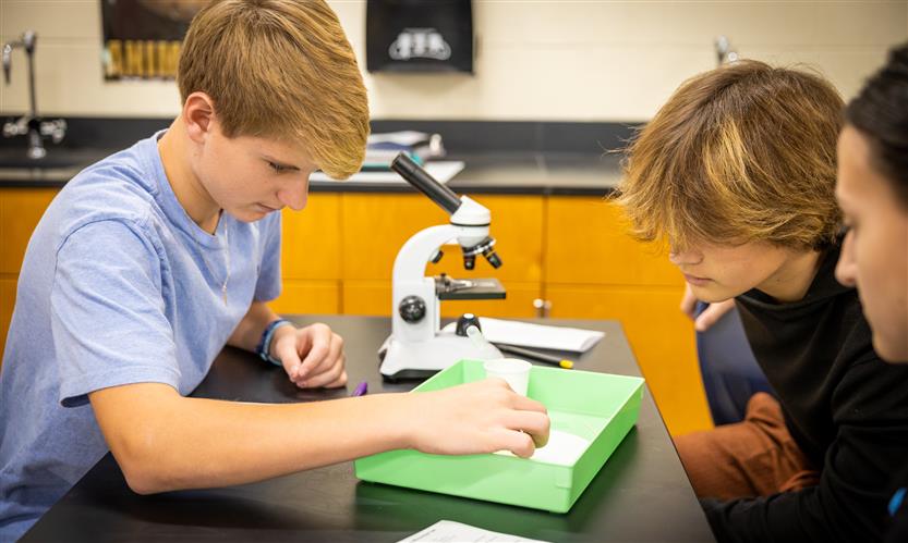 Students use microscopes in science class